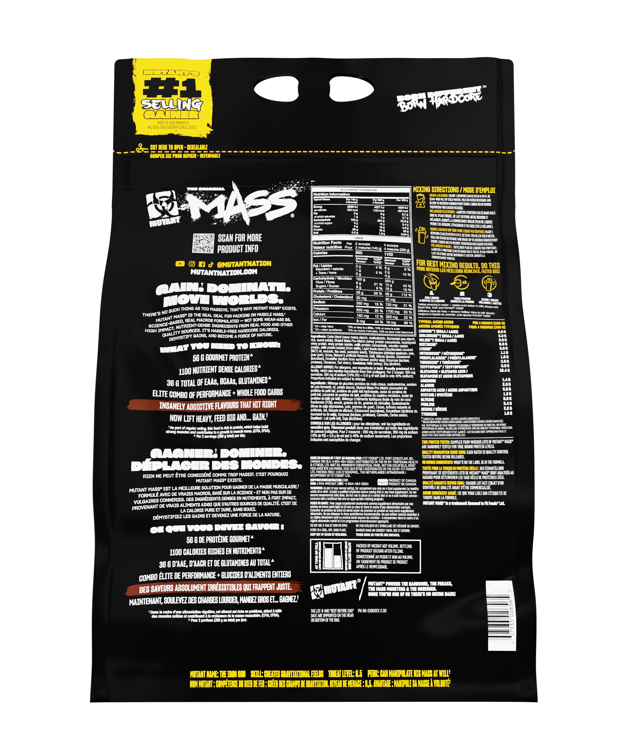Mutant Mass weight gainer ingredients-spoon shot highlights protein and carbs for bulking.