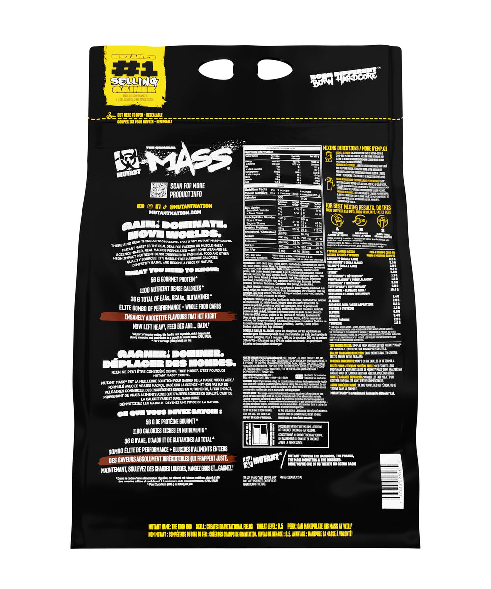 Mutant Mass weight gainer ingredients-spoon shot highlights protein and carbs for bulking.