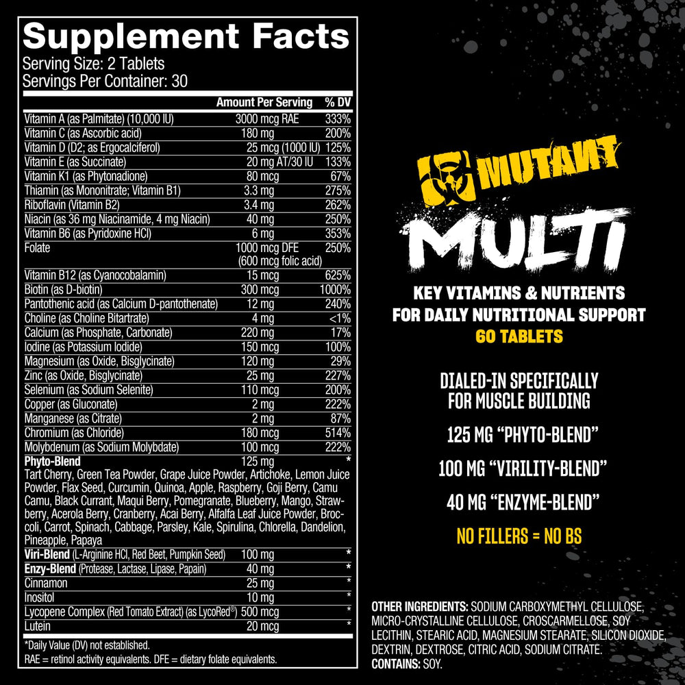 Mutant Multi bottle open displaying tablets aligned for daily regimen