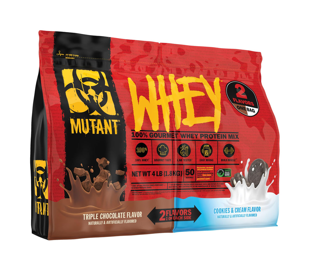 Mutant Whey Dual Chamber Triple Chocolate scoop for post-workout recovery.