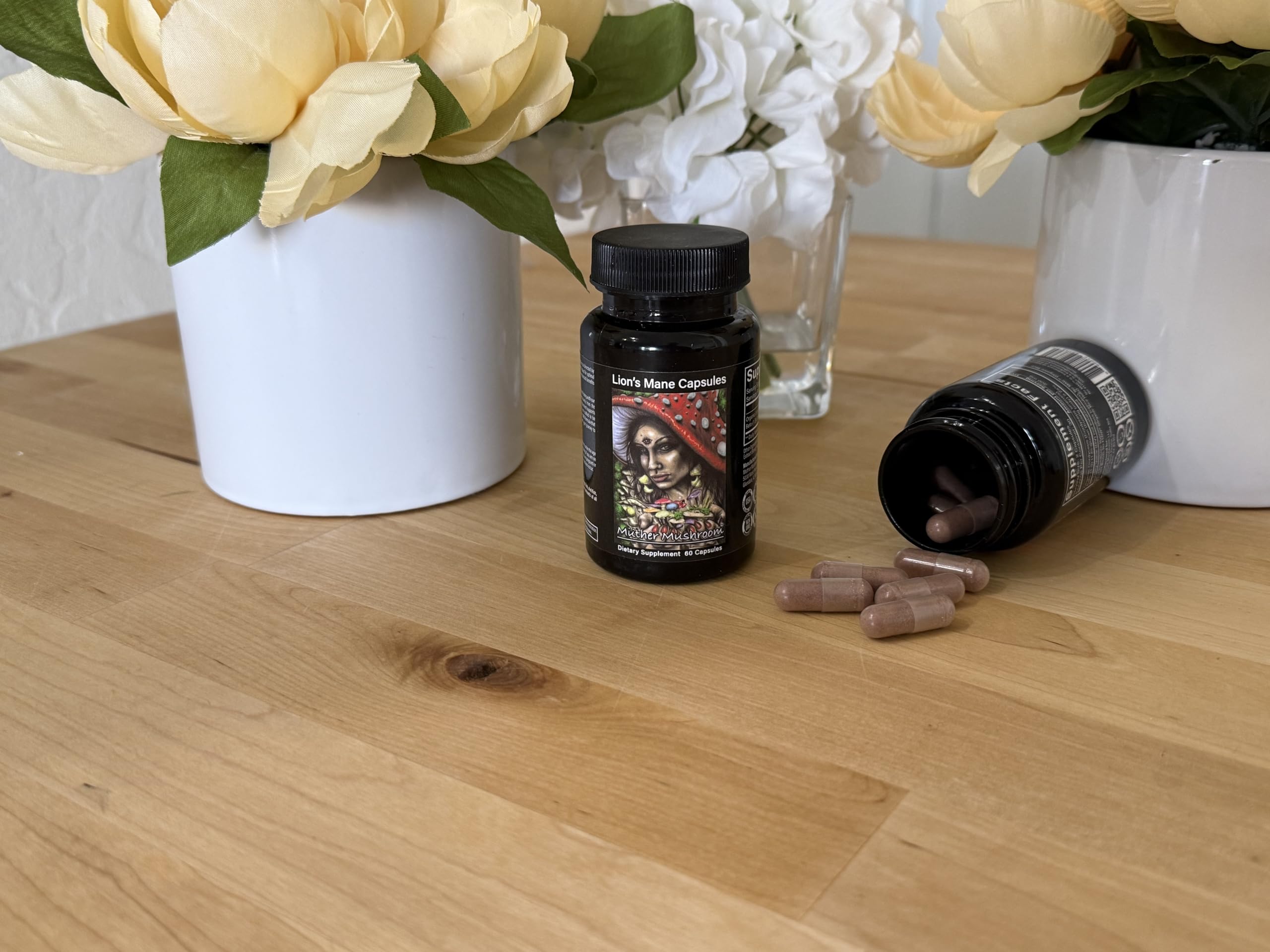 Muther Mushroom Lion's Mane Capsules morning routine setup for daily brain health support.