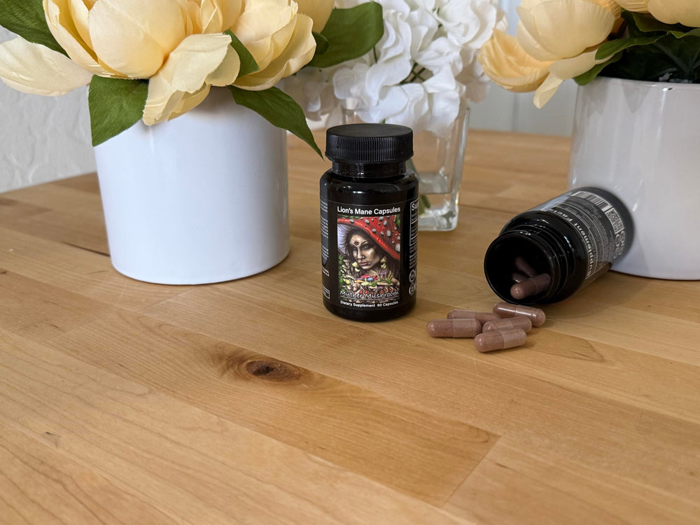 Muther Mushroom Lion's Mane Capsules morning routine setup for daily brain health support.