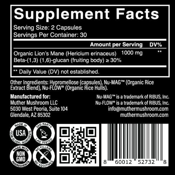 Muther Mushroom Lion's Mane Capsules dosing scene shows two capsules daily for easy use.