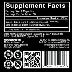 Muther Mushroom Lion's Mane Capsules dosing scene shows two capsules daily for easy use.