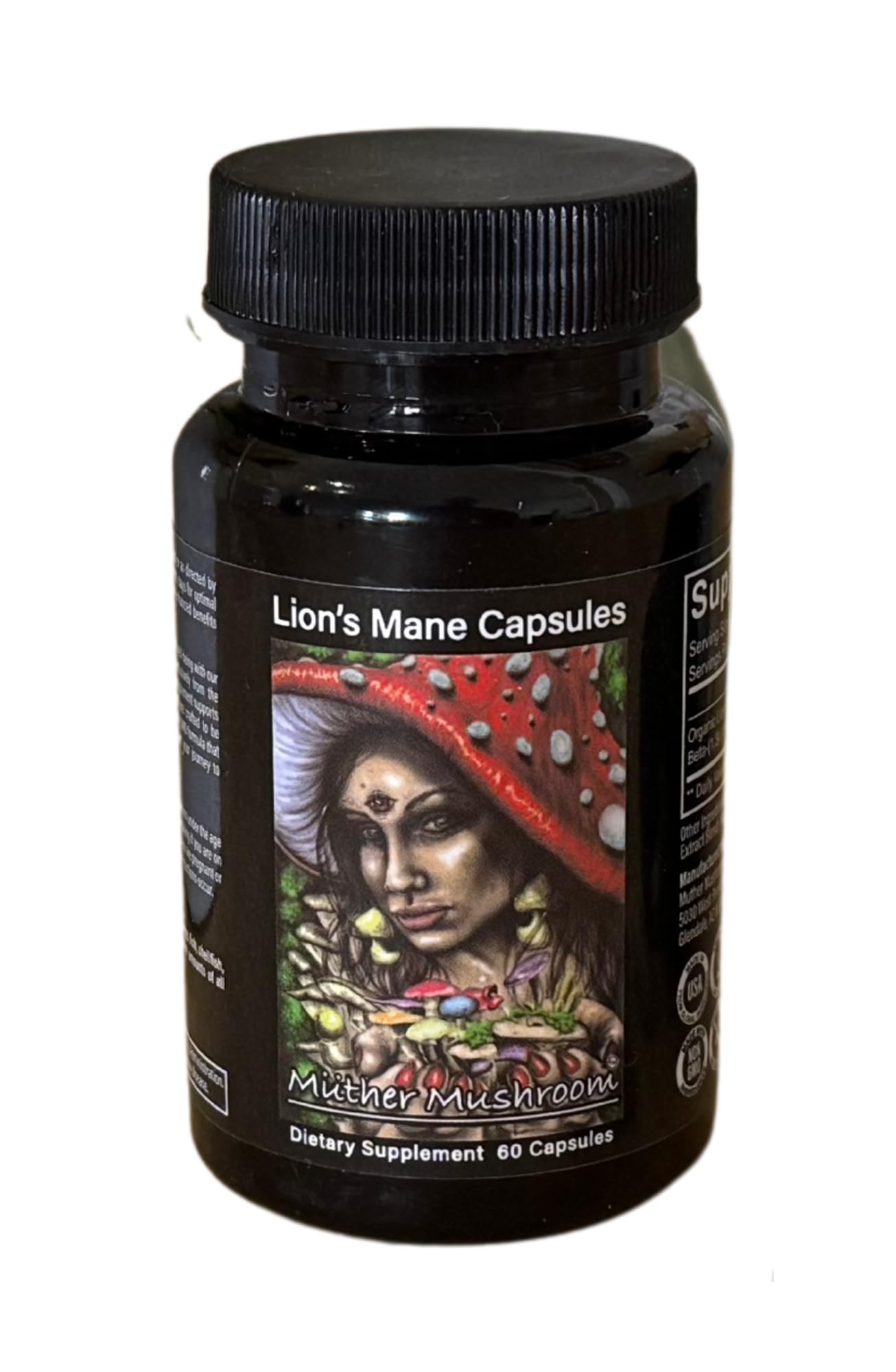 Muther Mushroom Lion's Mane Capsules bottle label emphasizing vegan, non-GMO, gluten-free features.