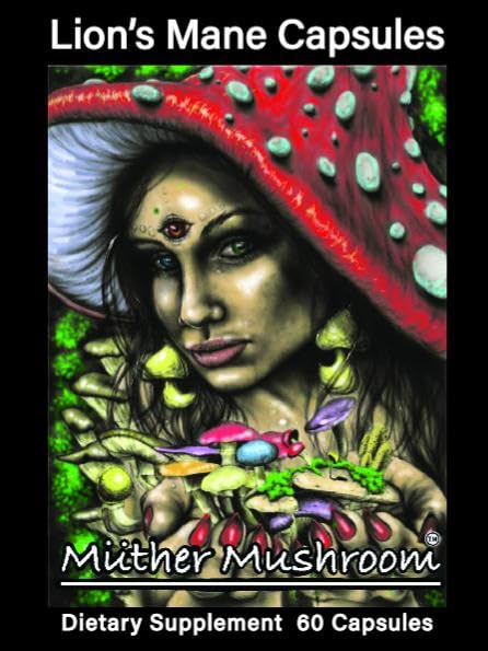Muther Mushroom Lion's Mane Capsules packaging highlighting organic vegan formula for mental clarity.