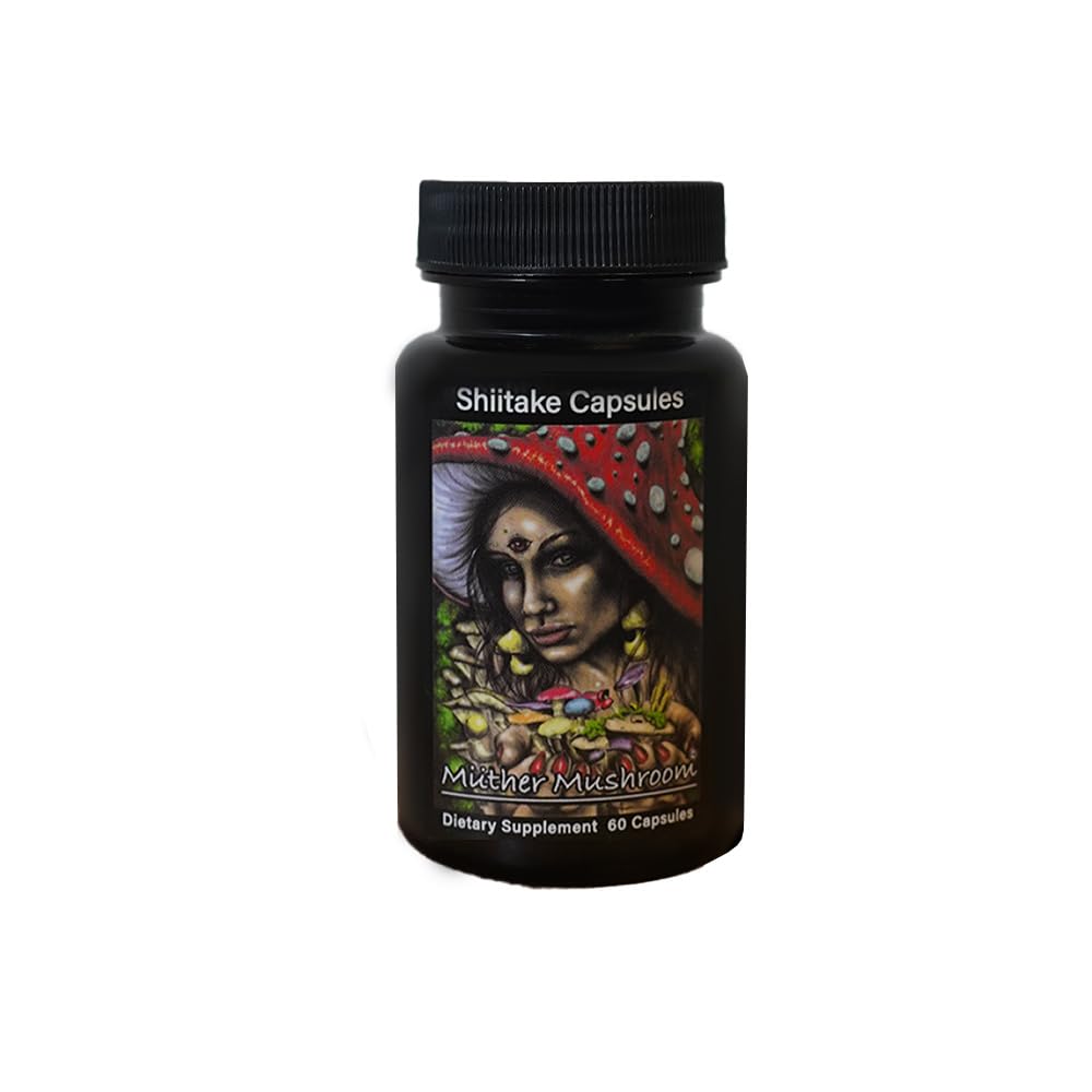 Muther Mushroom Shiitake capsules bottle close-up hinting at immune support and skin vitality