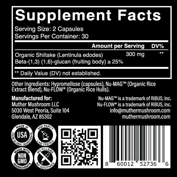 Muther Mushroom Shiitake capsules packaging box highlighting vegan organic ingredients
