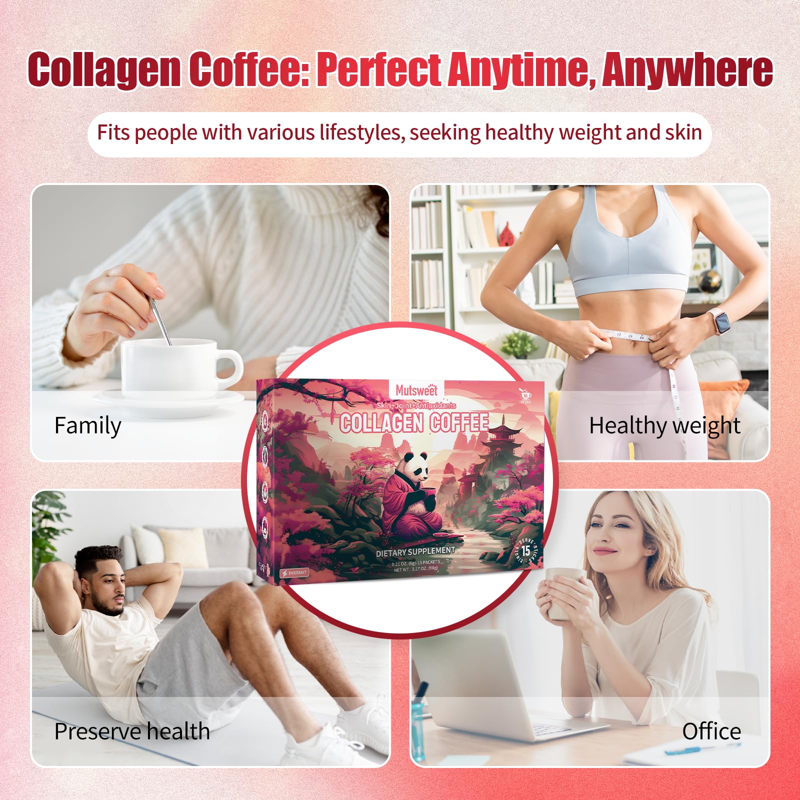 Mutsweet brewed coffee in a mug with steam ready for a nourishing routine