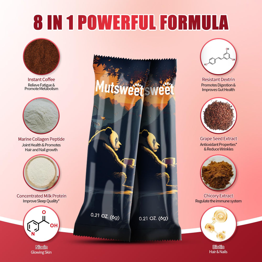 Mutsweet collagen coffee powder scoop ready to mix for a quick energy boost