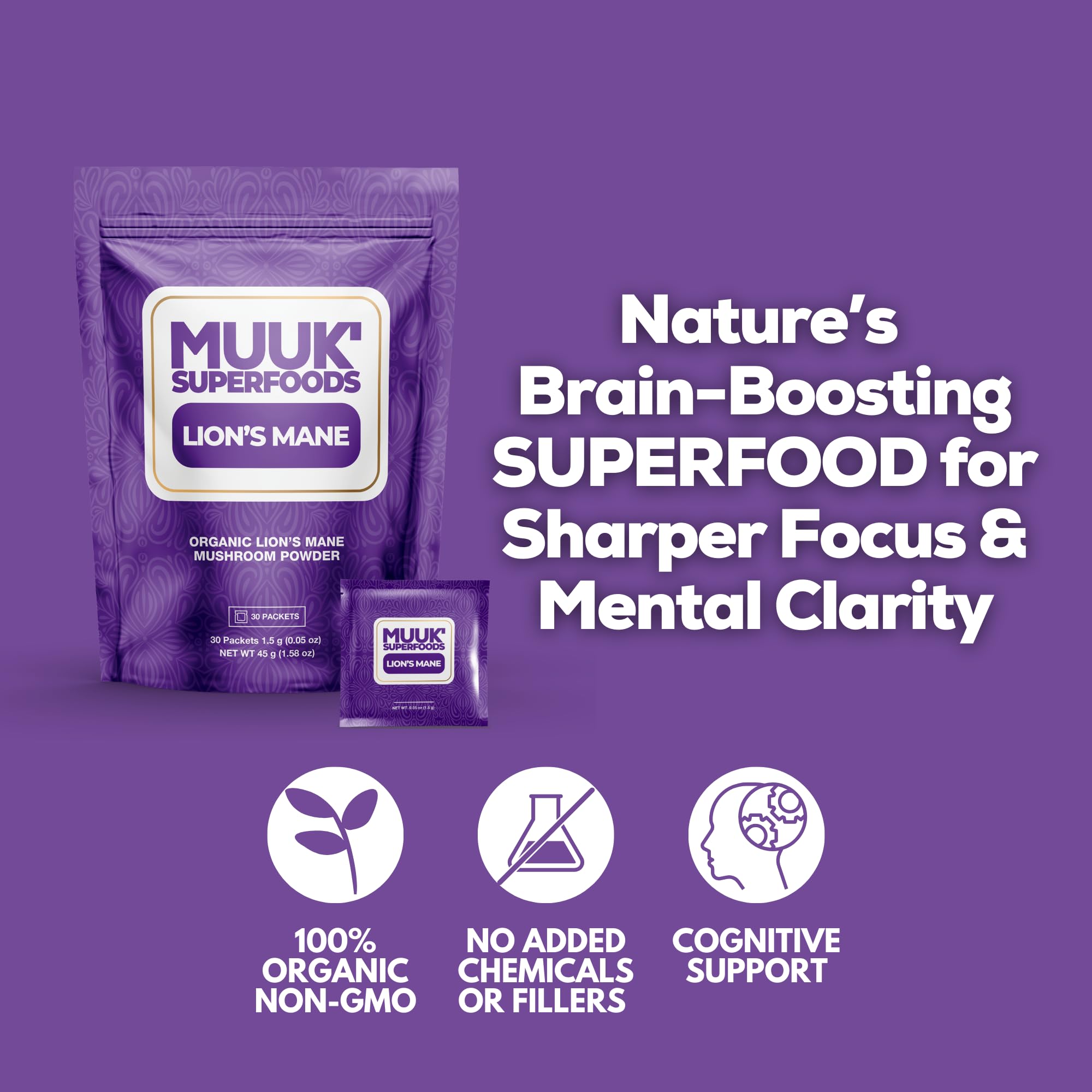 MUUK' SUPERFOODS single sachet close-up for mess-free dosing on the move.