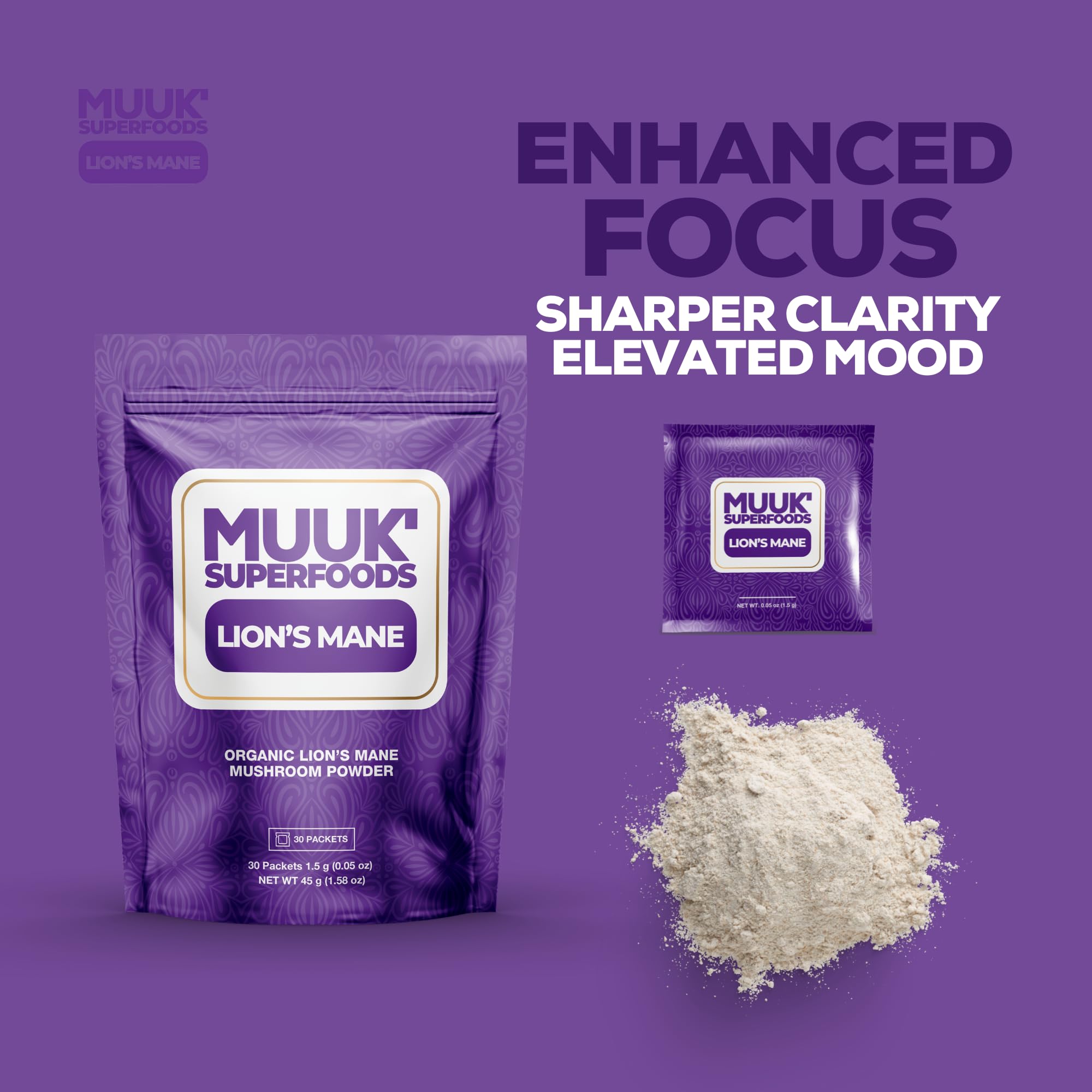 MUUK' SUPERFOODS Lion's Mane sachet stirred into tea for a comforting focus moment.