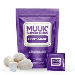 MUUK' SUPERFOODS Lion's Mane powder sachet pack for quick, on-the-go cognitive support.