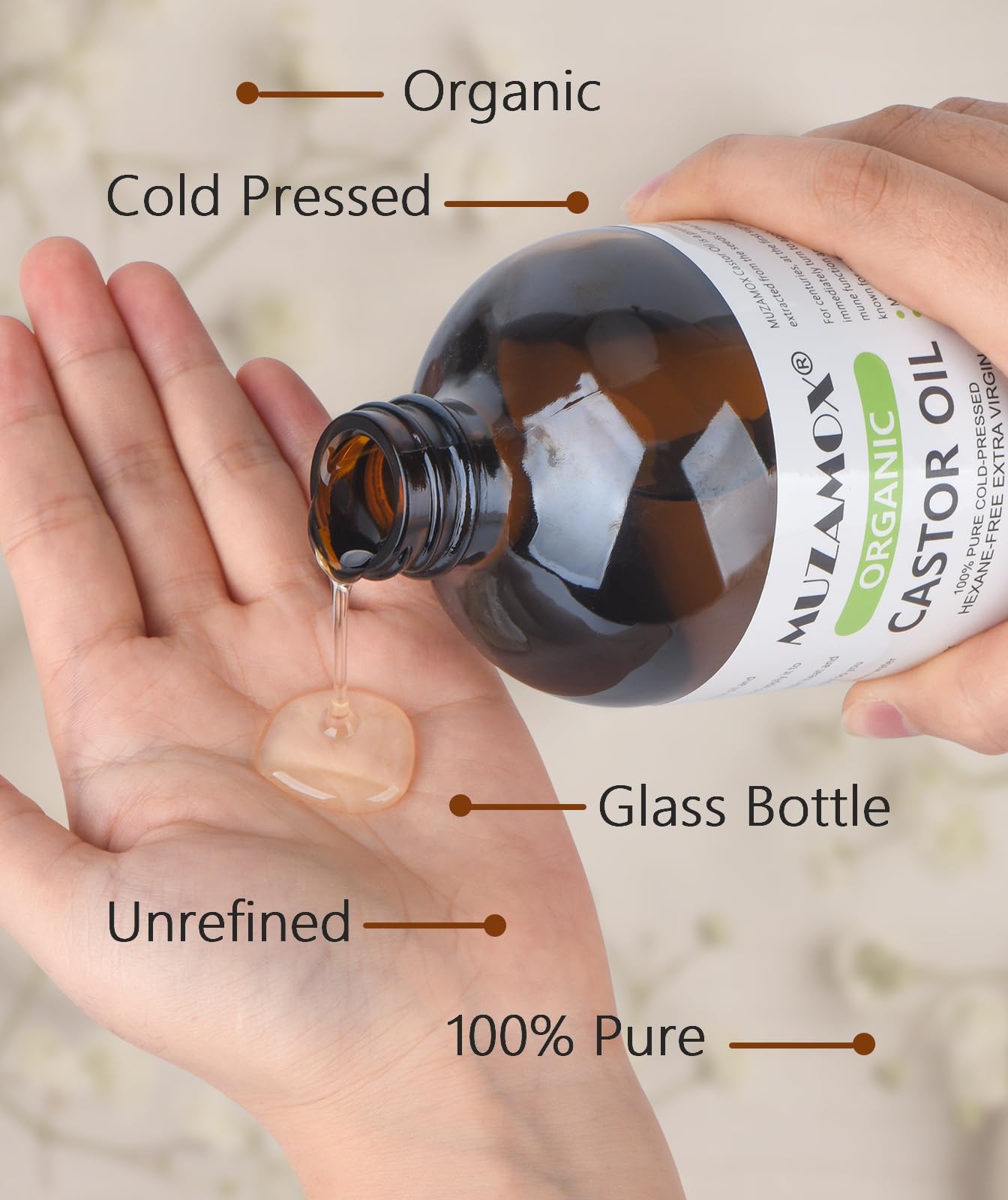 MUZAMOX 8oz amber glass bottle preserves purity.