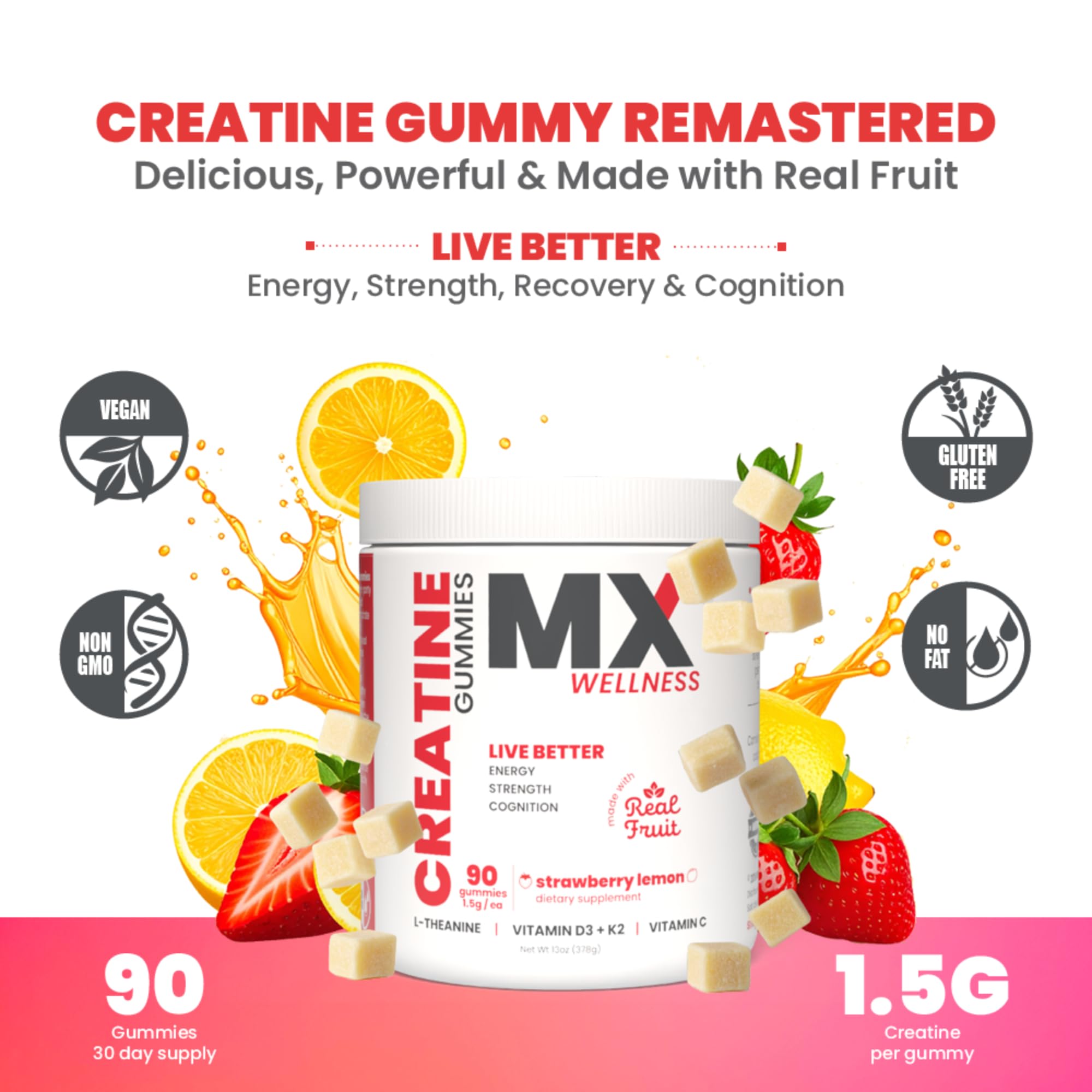 MX Wellness creatine gummies bottle back highlights ingredients and no sugar for consistent use