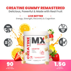 MX Wellness creatine gummies bottle back highlights ingredients and no sugar for consistent use