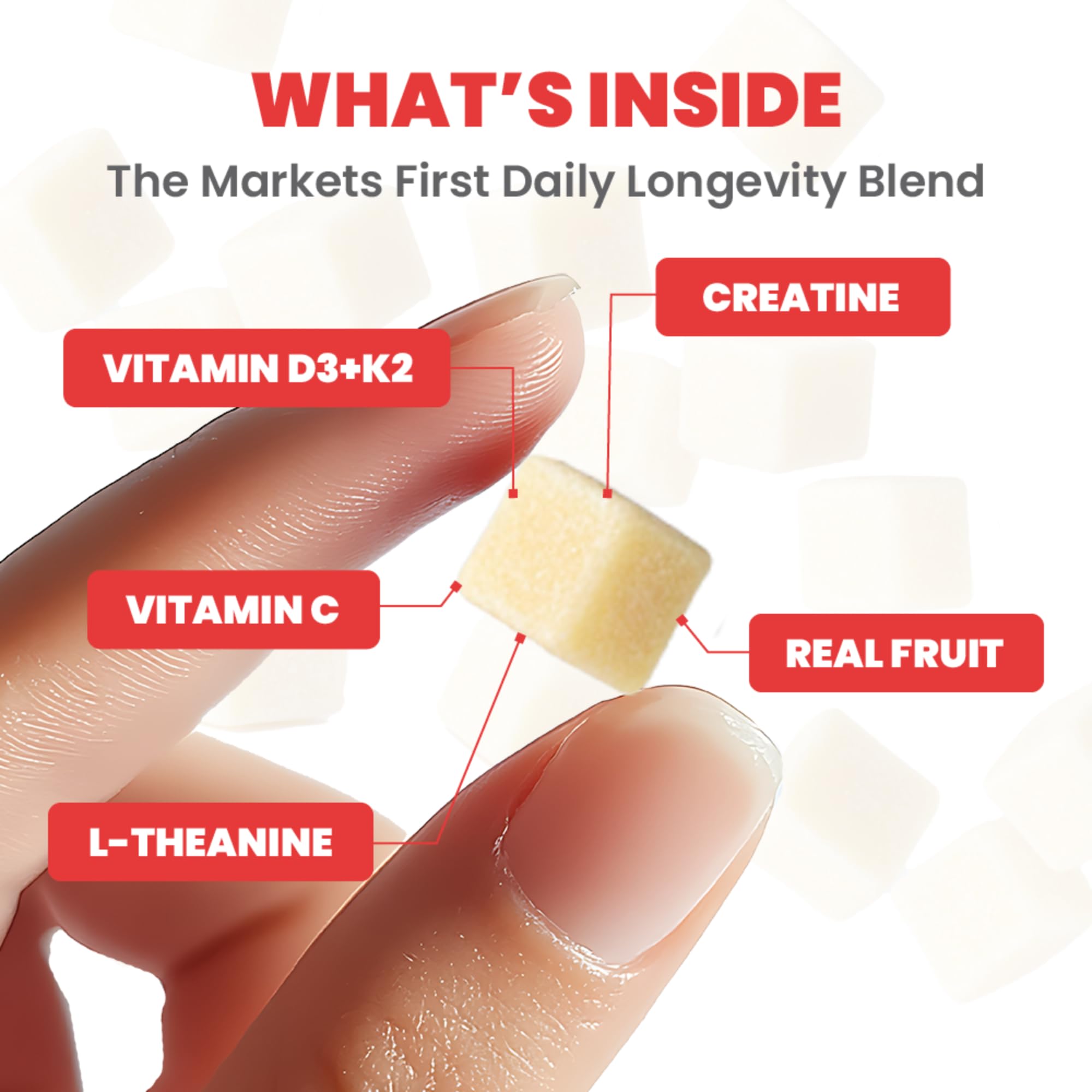 MX Wellness creatine monohydrate gummies closeup texture shows juicy bite with strawberry lemon