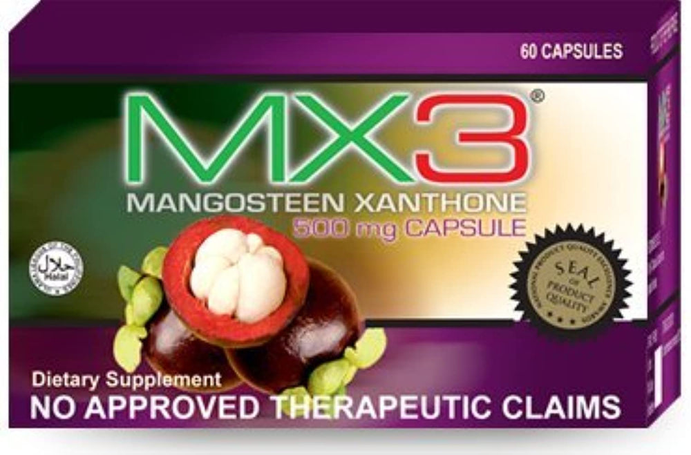 MX3 Mangosteen capsules bottle for convenient daily antioxidant support.