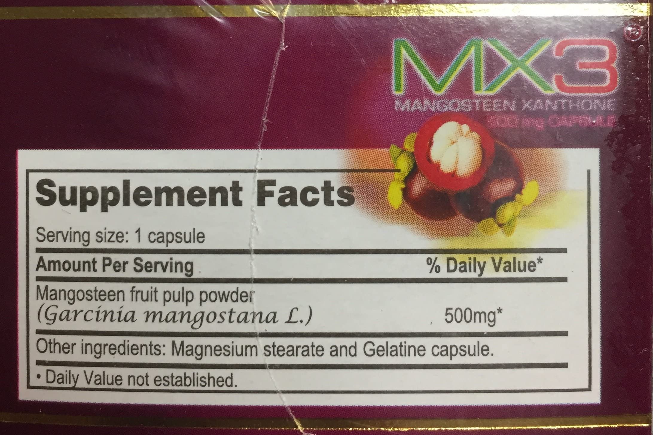 MX3 Mangosteen capsules packaging view with clear dosage and ingredients label.