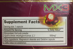 MX3 Mangosteen capsules packaging view with clear dosage and ingredients label.
