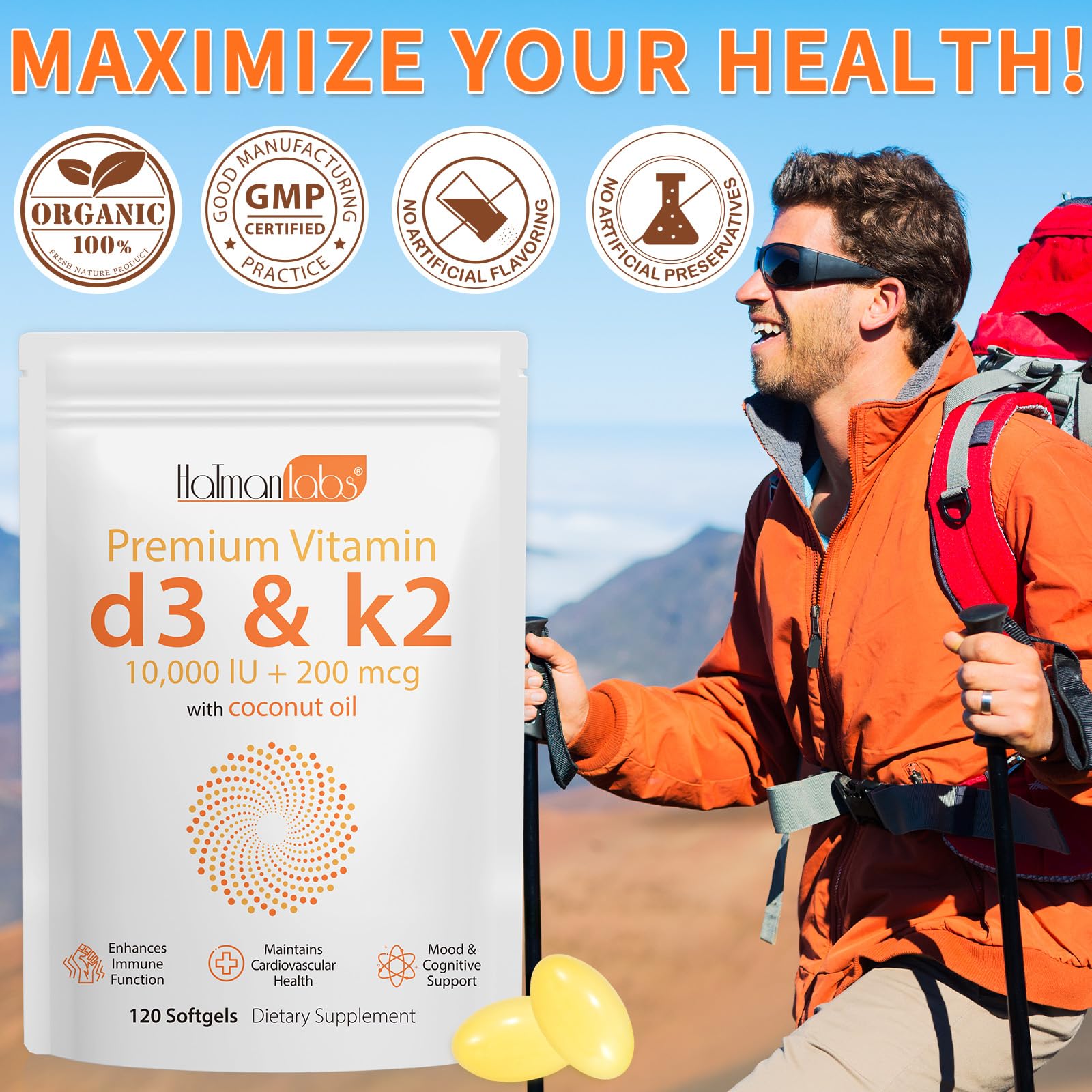 MXCZBSM Vitamin D3 K2 softgel coconut oil visual emphasizes absorption