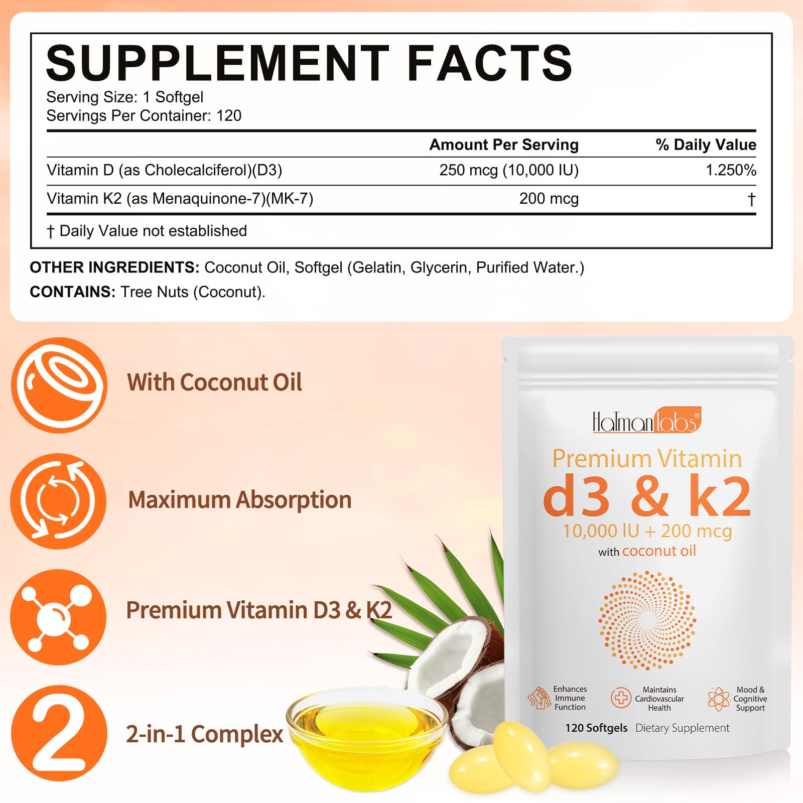 MXCZBSM D3 K2 capsules close-up highlighting coconut oil carrier for better absorption.