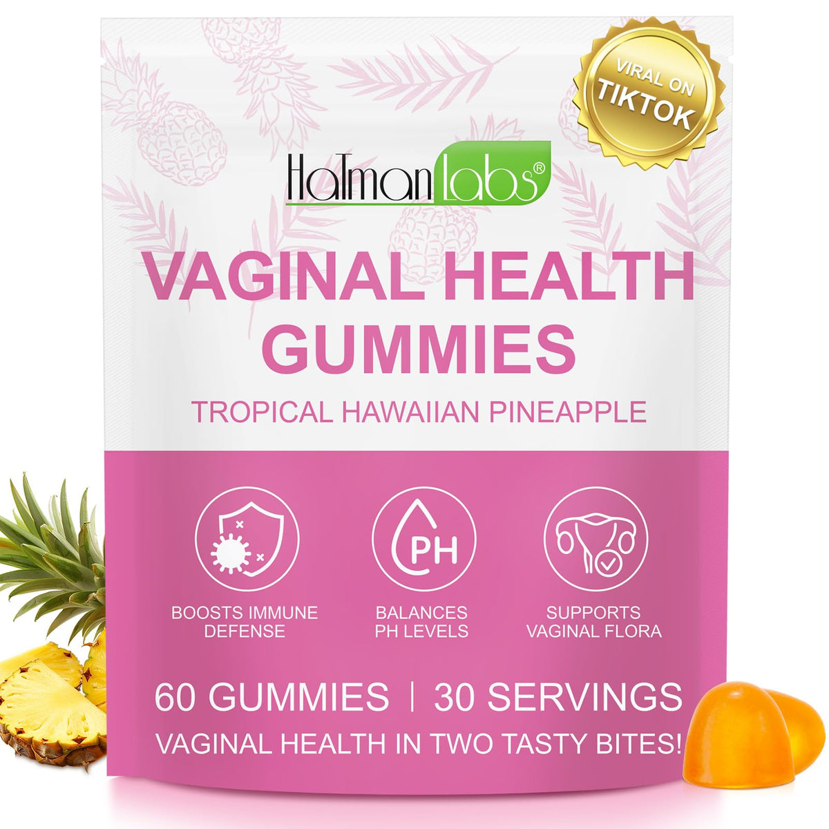 MXCZBSM vaginal probiotics gummies bottle front with pineapple flavor and daily balance potential.