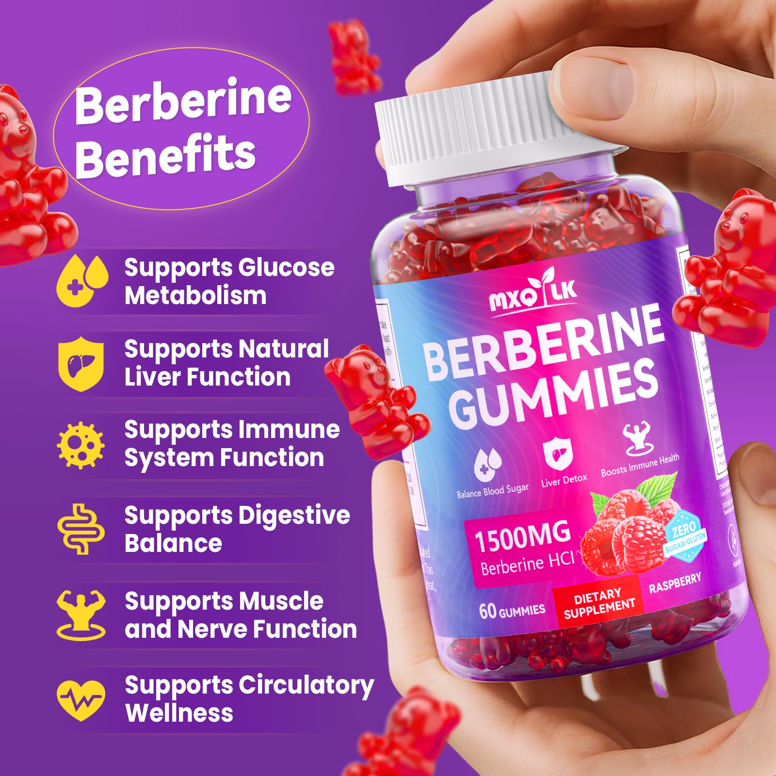 Mxq Lk Berberine Gummies with cinnamon visuals emphasize flavor and palatability.