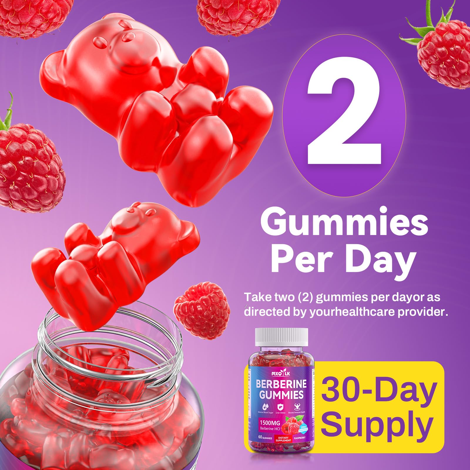 Mxq Lk Berberine Gummies vegan, sugar-free, non-GMO badge signals a clean label.