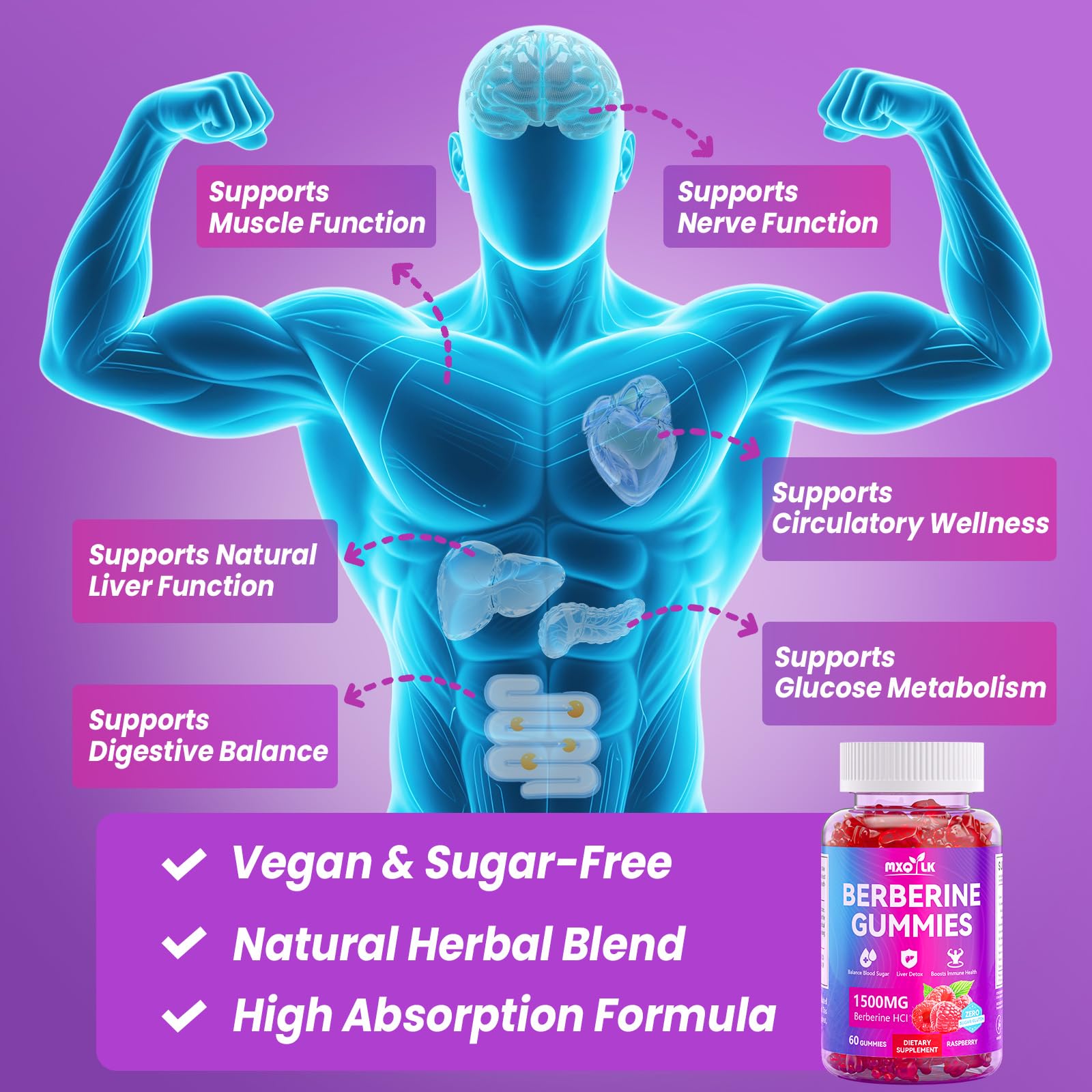 Mxq Lk Berberine Gummies milk thistle artwork highlights liver-supporting herbal blend.