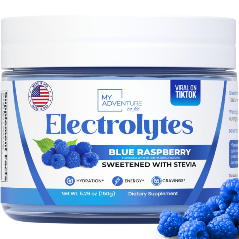 My Adventure to Fit blue raspberry electrolytes bottle pour for refreshing hydration
