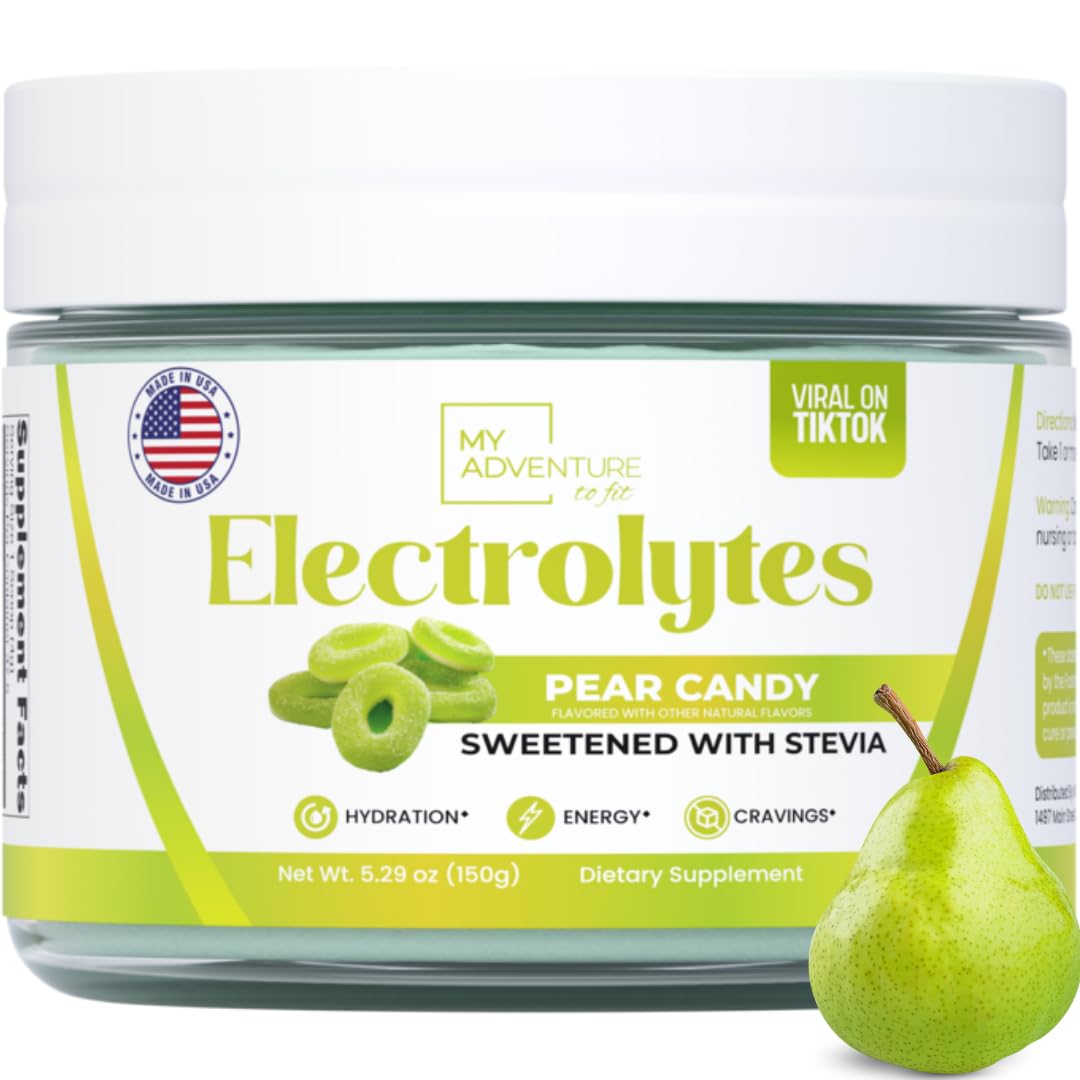 My Adventure to Fit Pear Candy Electrolytes Powder bottle for refreshing hydration