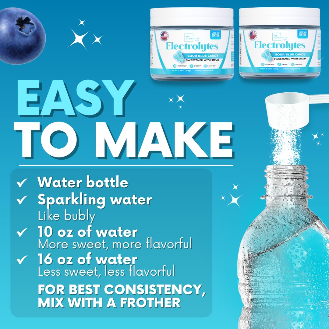 Glass with mixed My Adventure to Fit electrolytes powder, vibrant hydration ready to sip.