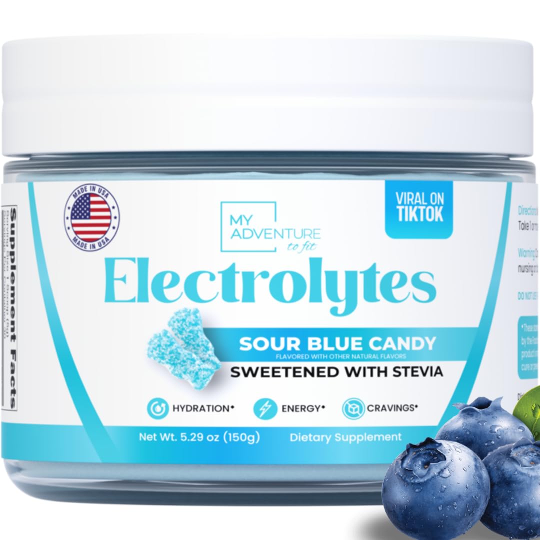 My Adventure to Fit Sour Blue Candy Electrolytes powder in a jar, refreshing hydration.