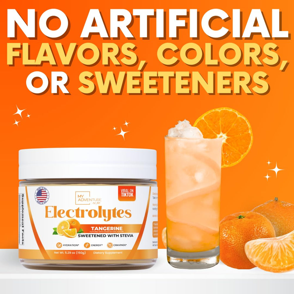 My Adventure to Fit Tangerine Electrolytes powder label close-up showing ingredients