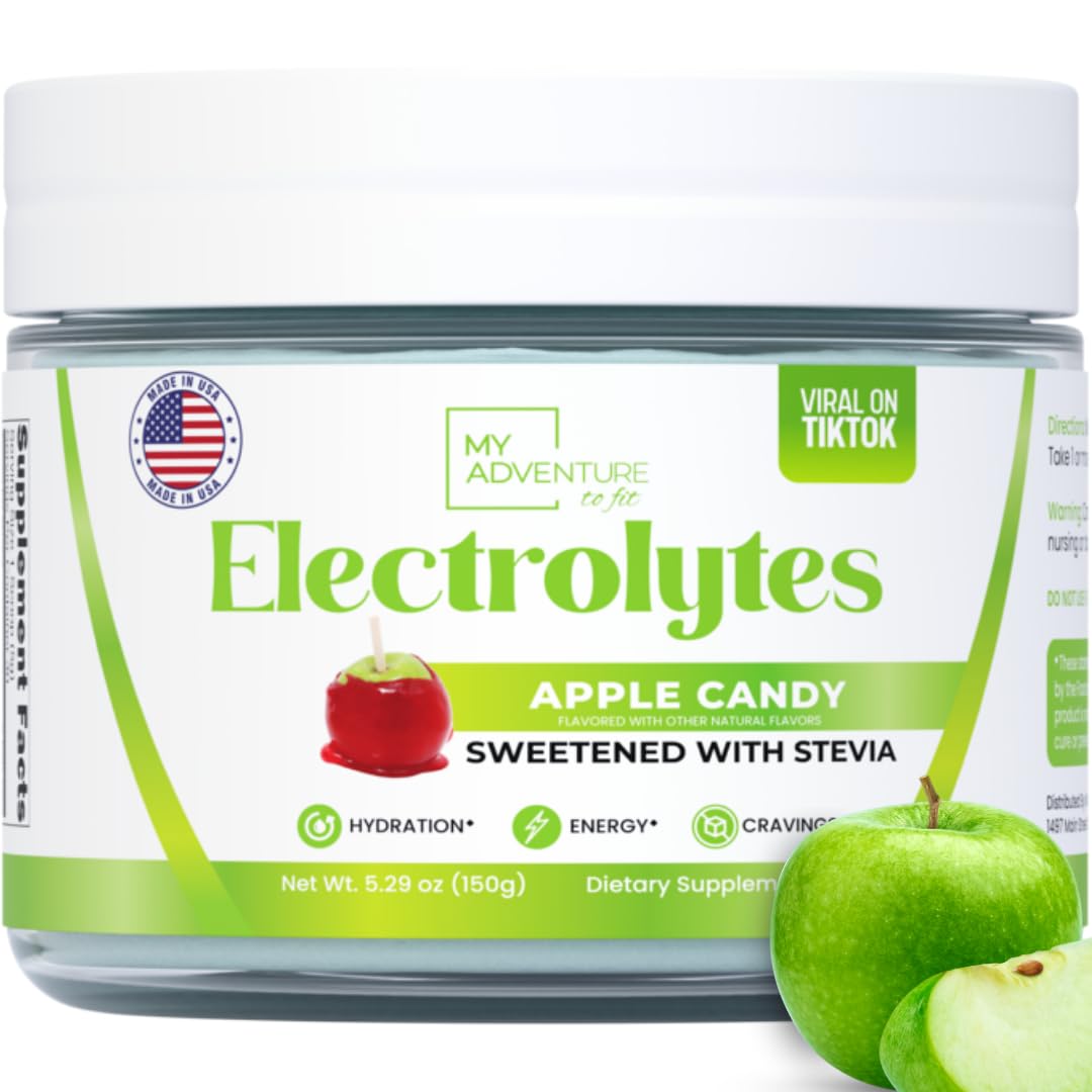 My Adventure to Fit zero sugar Apple Candy electrolytes powder bottle boosts hydration with natural ingredients