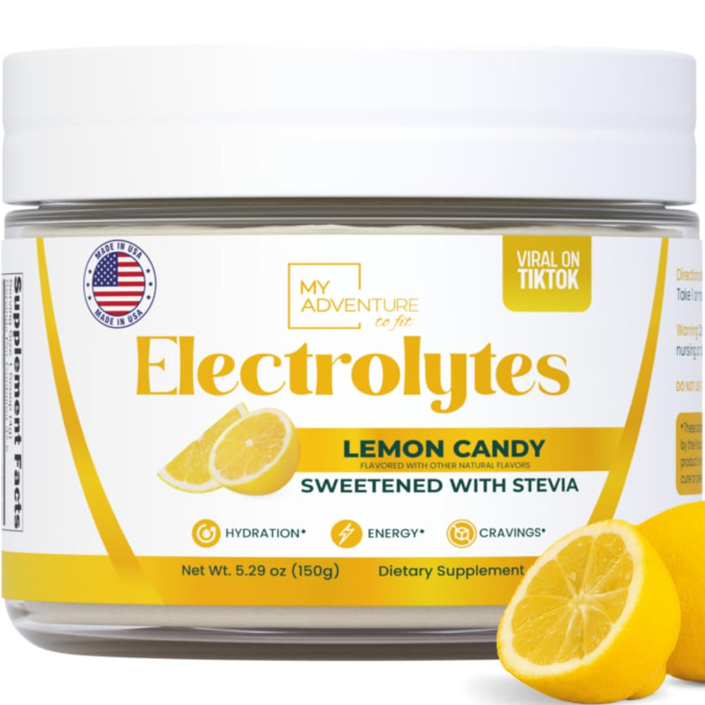 My Adventure to Fit Zero Sugar Lemon Candy Electrolytes bottle for on-the-go hydration.