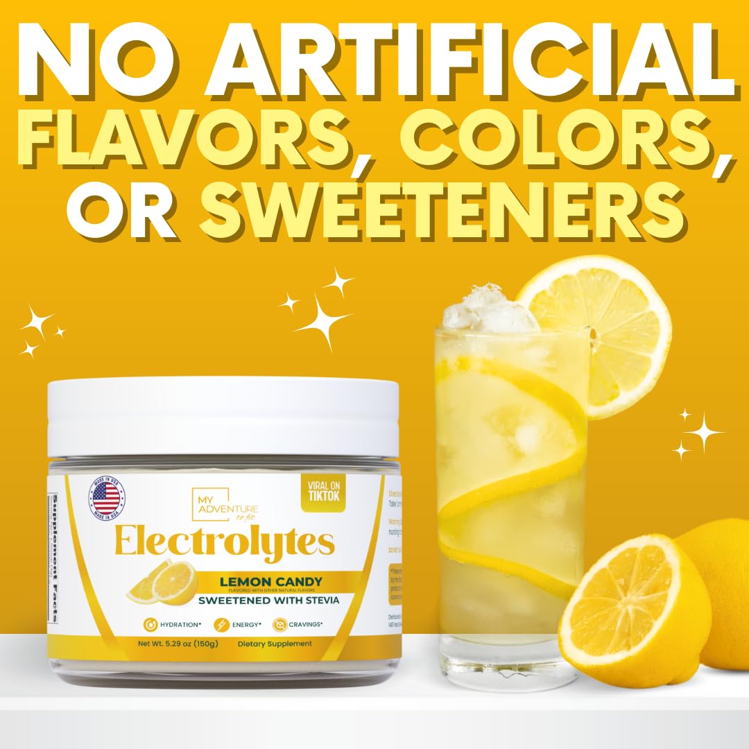 Glass of My Adventure to Fit Lemon Candy Electrolytes ready to drink after workouts.