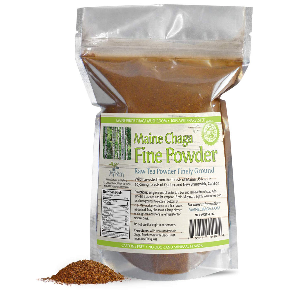 My Berry Maine Chaga Powder grounds in cup ready for steeping