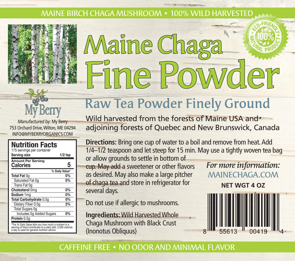 My Berry Maine Chaga Powder steeping in hot water for caffeine-free tea
