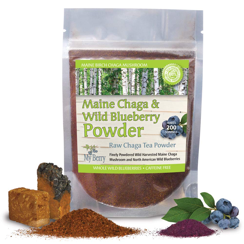 My Berry Maine Chaga tea powder bag closeup, highlighting the 4:1 ratio for a natural antioxidant boost