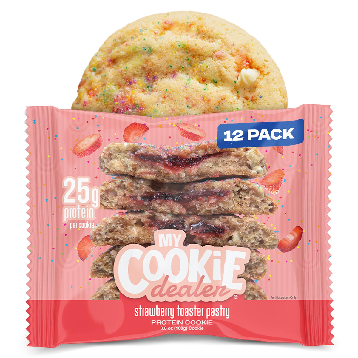 My Cookie Dealer strawberry toaster protein cookies pack front, protein-packed snack for workouts