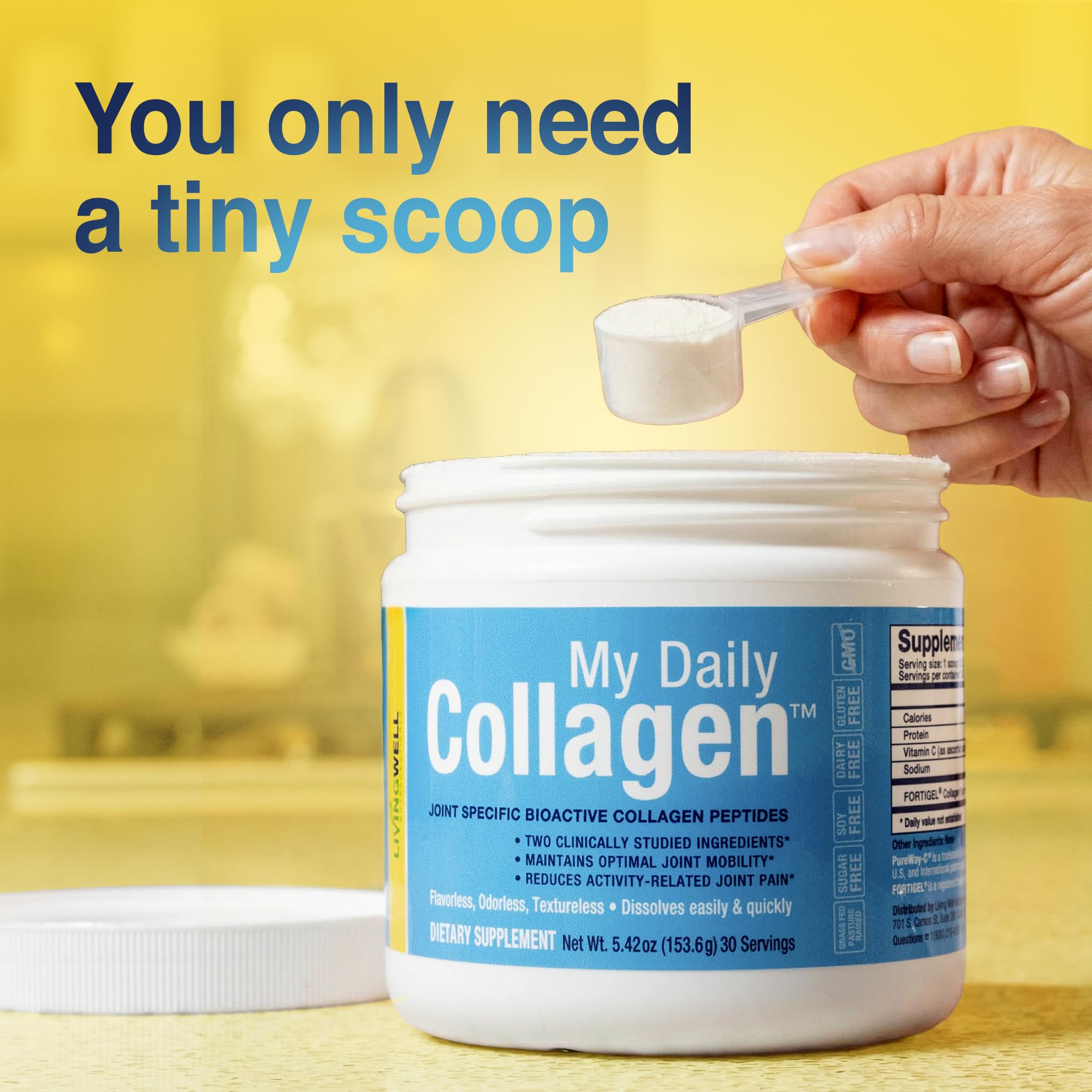My Daily Collagen active lifestyle scene suggests daily use for joint comfort.