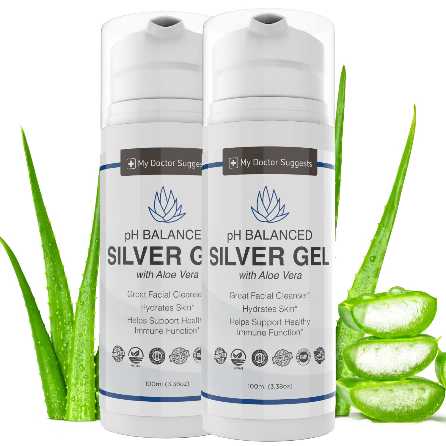 My Doctor Suggests silver colloidal gel with aloe vera bottle close-up for skin soothing.