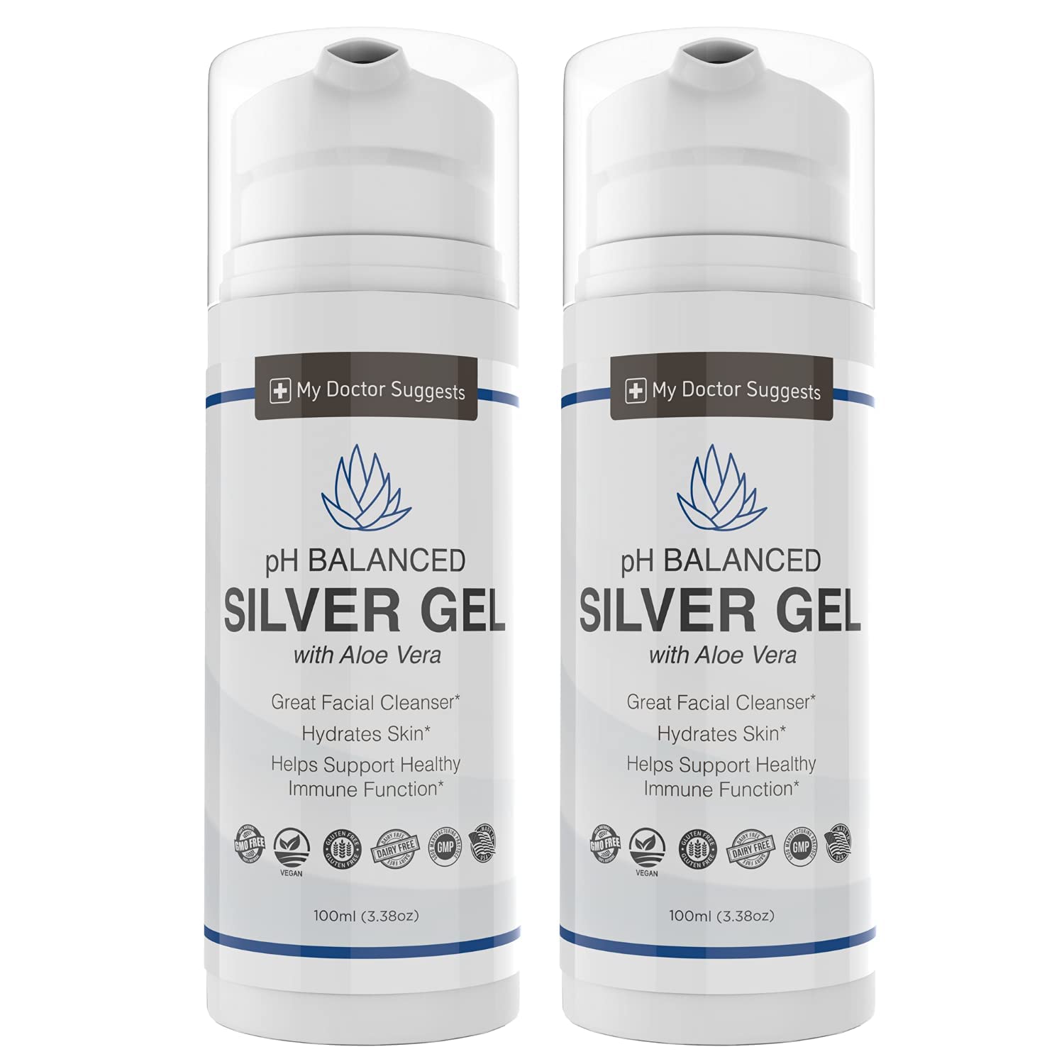 My Doctor Suggests silver gel with aloe vera label close-up shows American-made quality.