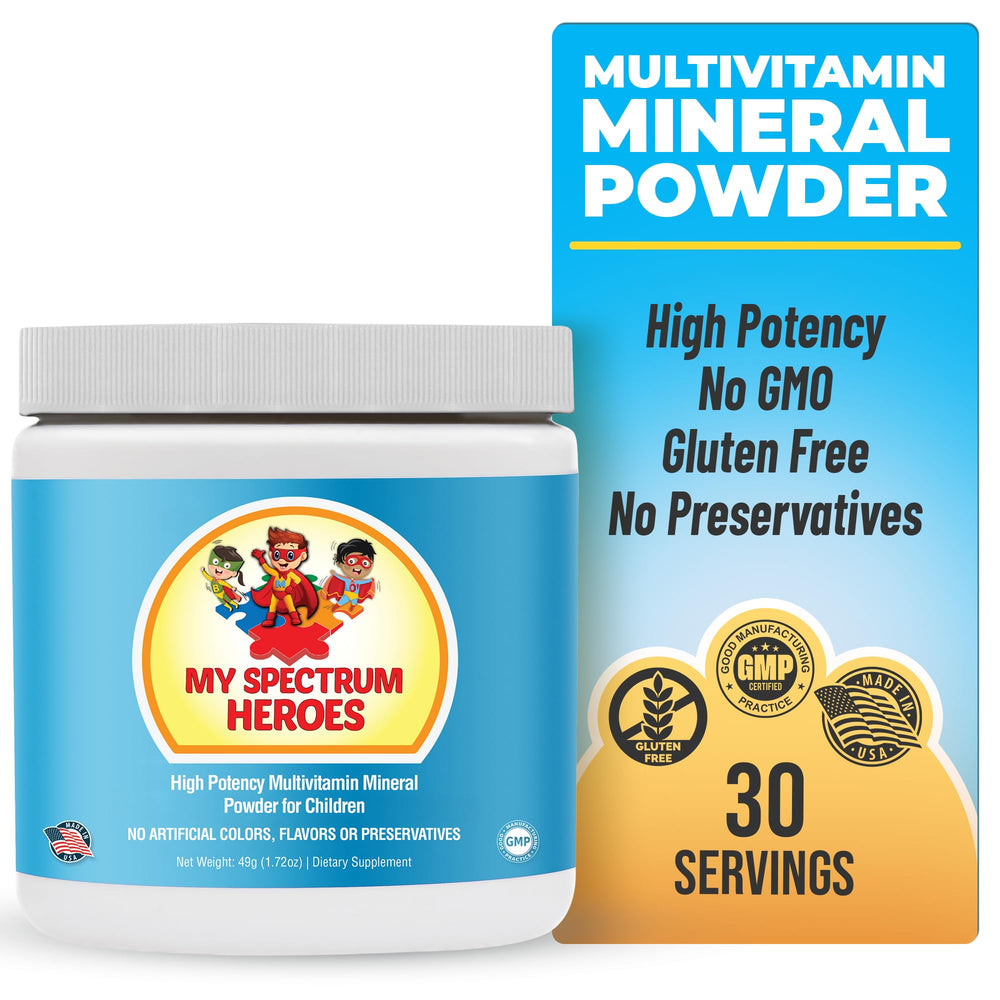 My Spectrum Heroes Kids Powder bottle highlights non-GMO, gluten-free multivitamin.