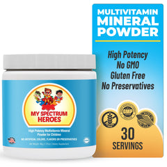 My Spectrum Heroes Kids Powder bottle highlights non-GMO, gluten-free multivitamin.