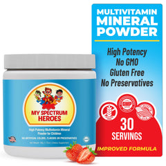 My Spectrum Heroes Kids Powder Multivitamin strawberry tub for daily nutrition.