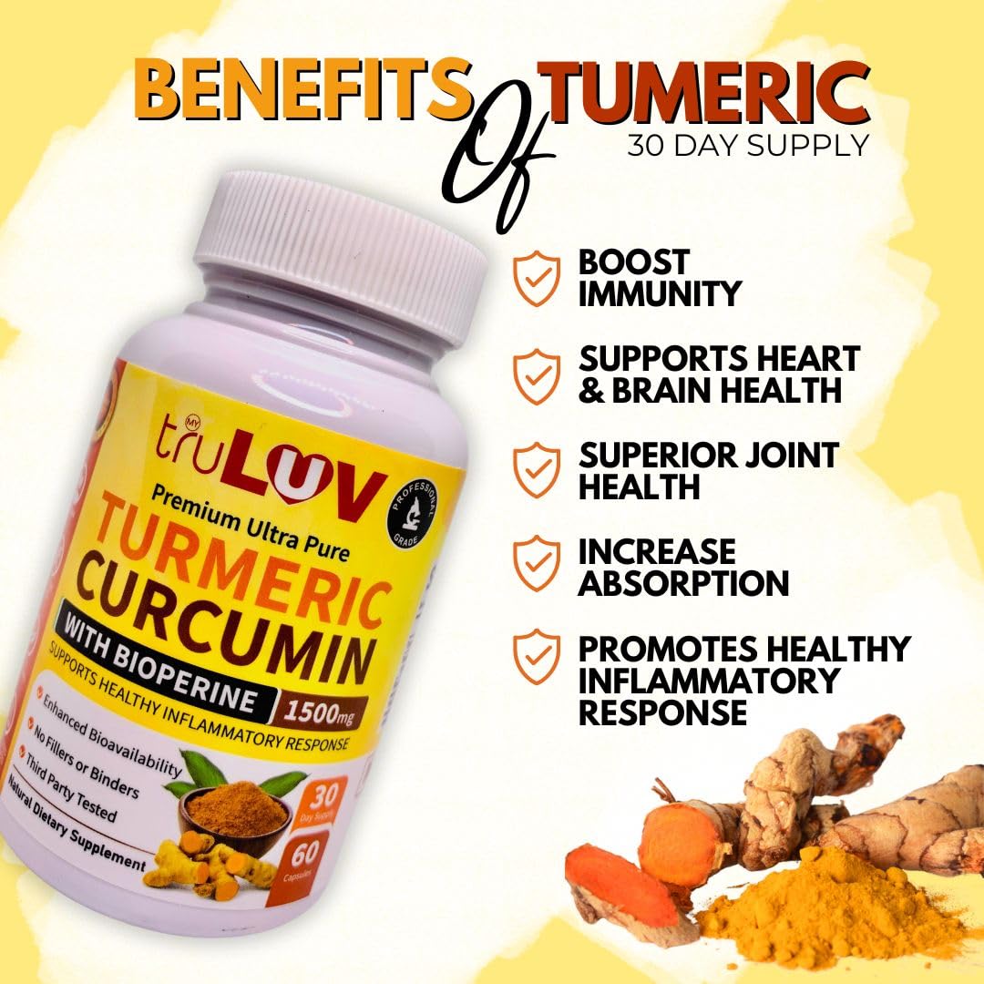 MY TRULUV turmeric curcumin bottle back label highlights Bioperine and ginger for better absorption.