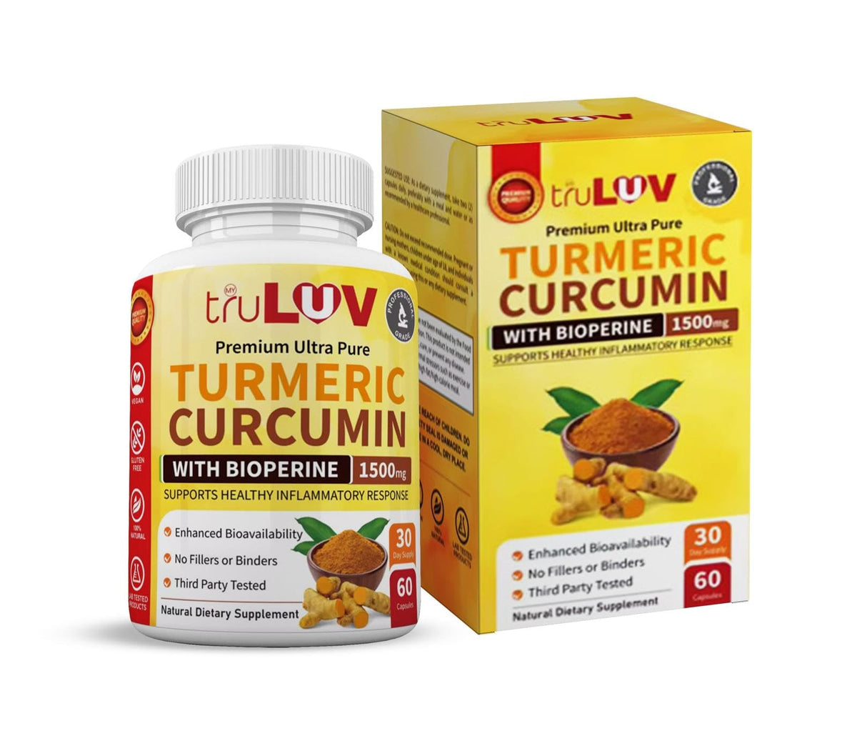 MY TRULUV turmeric curcumin bottle front, non-GMO and gluten-free for daily wellness.